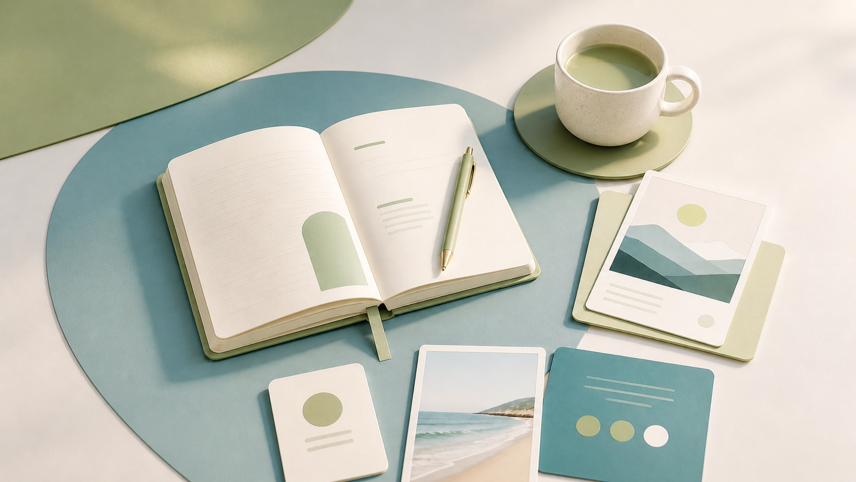 Open journal, tea, stationery, and cards arranged on a calm green and blue workspace